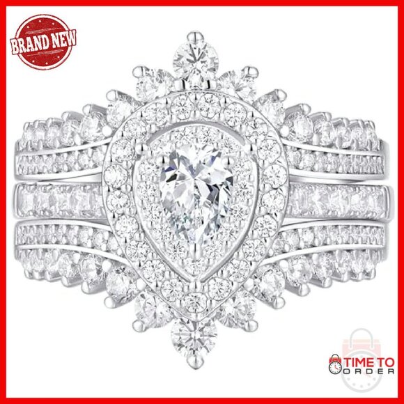 Amazon.com: Blongme Halo Pear Cut Wedding Ring Set for Women  Sterling Silver Teardrop Cubic Zirconia Wedding Ring Set Size 7.5